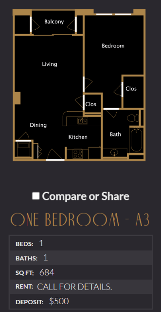 Floor plan for 1 bed, 1 bath, 684 sqft